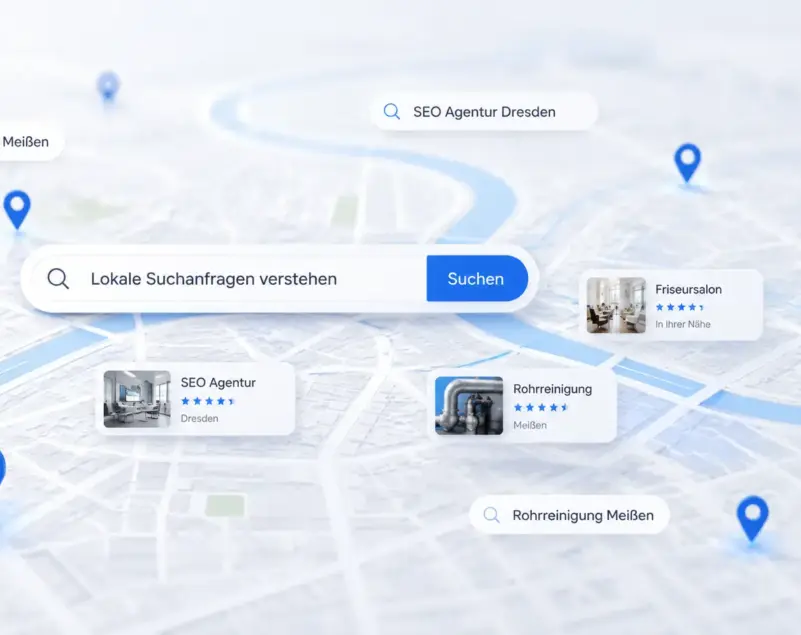 Stilisierte Stadtkarte mit Suchleiste, Standortmarkern und lokalen Suchanfragen zu Dienstleistern wie Webdesign, SEO, Friseur und Rohrreinigung.