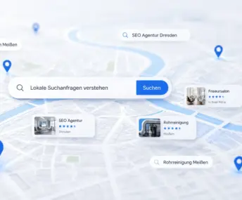 Stilisierte Stadtkarte mit Suchleiste, Standortmarkern und lokalen Suchanfragen zu Dienstleistern wie Webdesign, SEO, Friseur und Rohrreinigung.